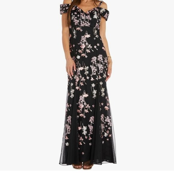 NWT R&M Richards Off Shoulder Evening Gown w/Floral Embellishments Size 6 - Picture 1 of 5
